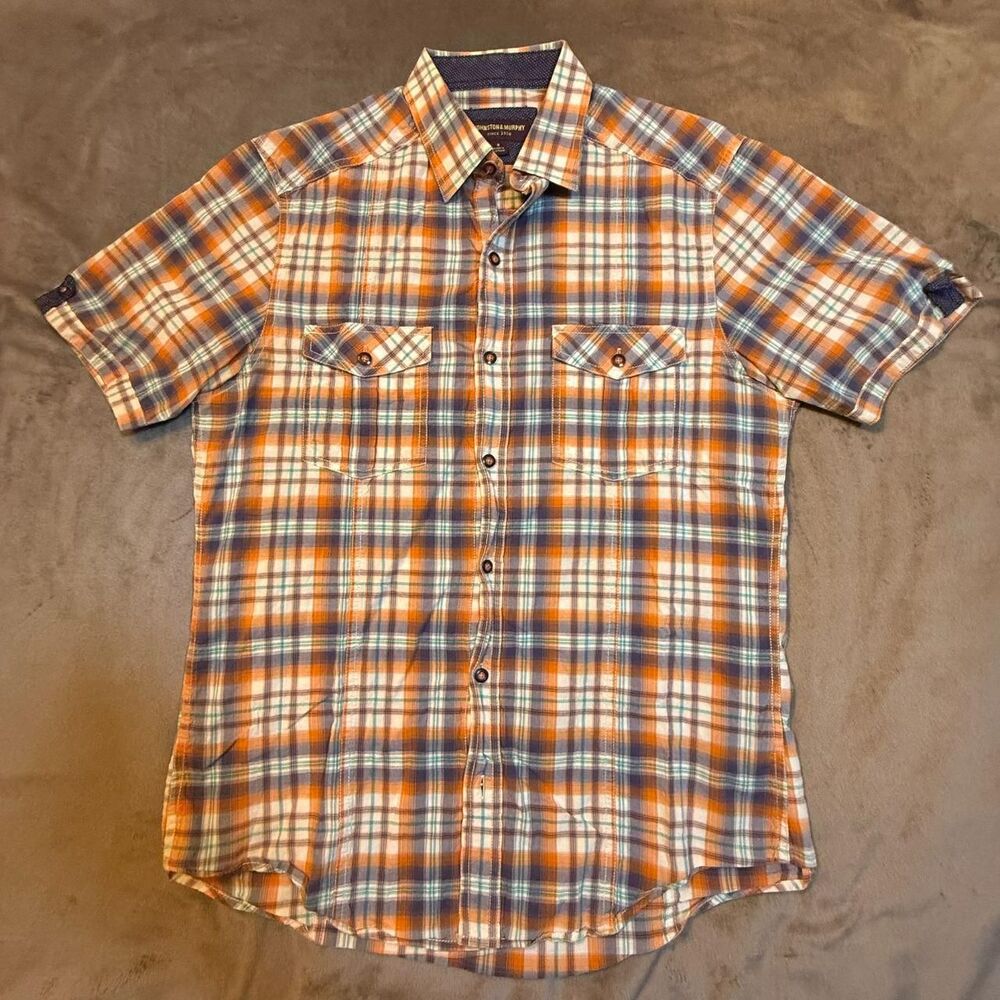 Johnston & Murphy orange plaid short sleeve button up shirt Size S - 0270